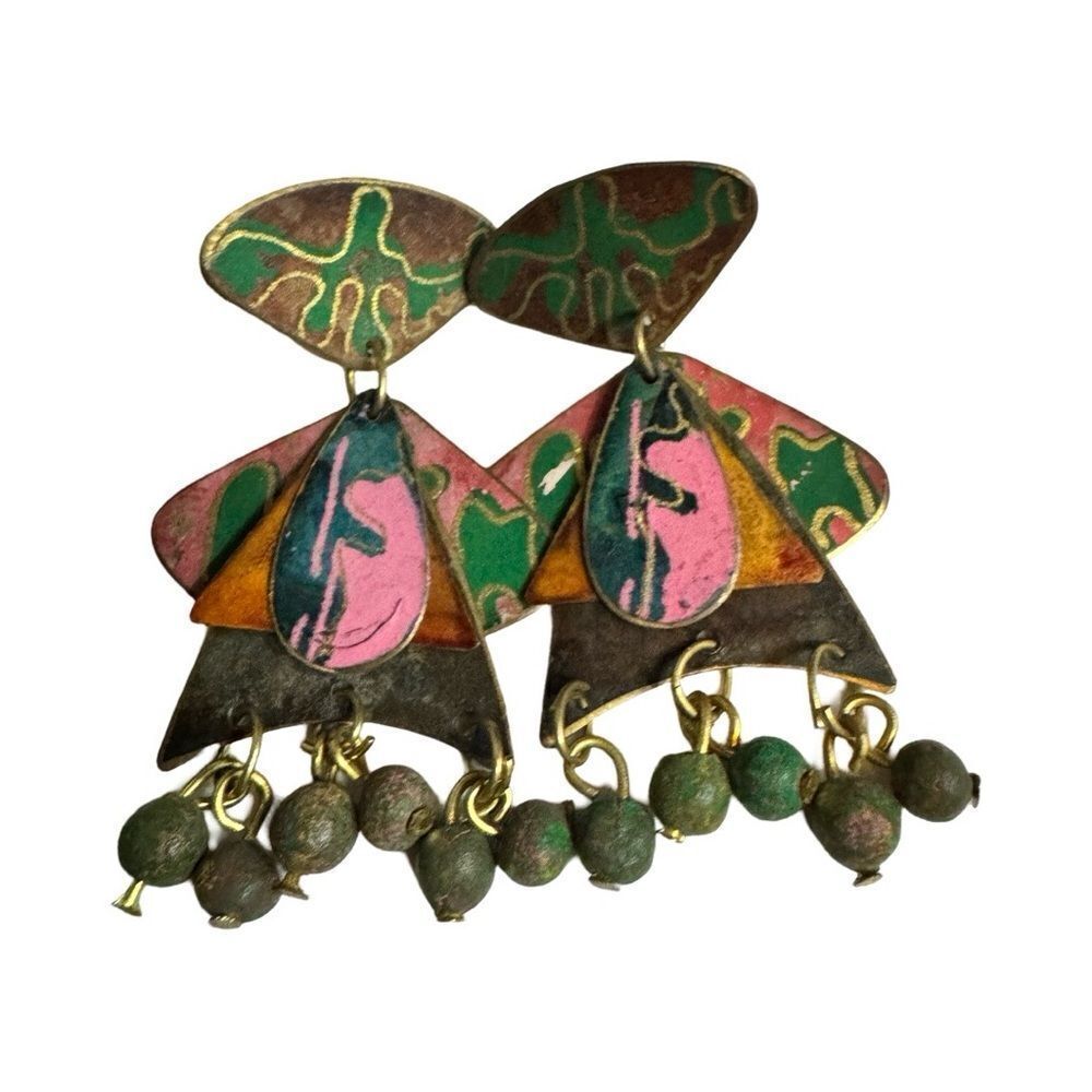 Earrings – Vintage 1980s Hand-Painted Abstract Dangle Studs